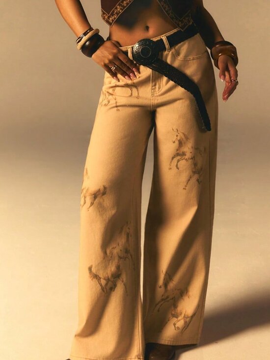 Denim - Multicolor Horse Print Casual Women's Denim Wide-Leg Jeans